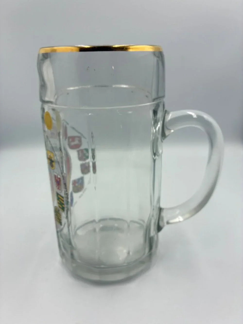 German Bundesrepublik Glass Beer Stein Gold Rim & State Coat Of Arms Motif 0.5L